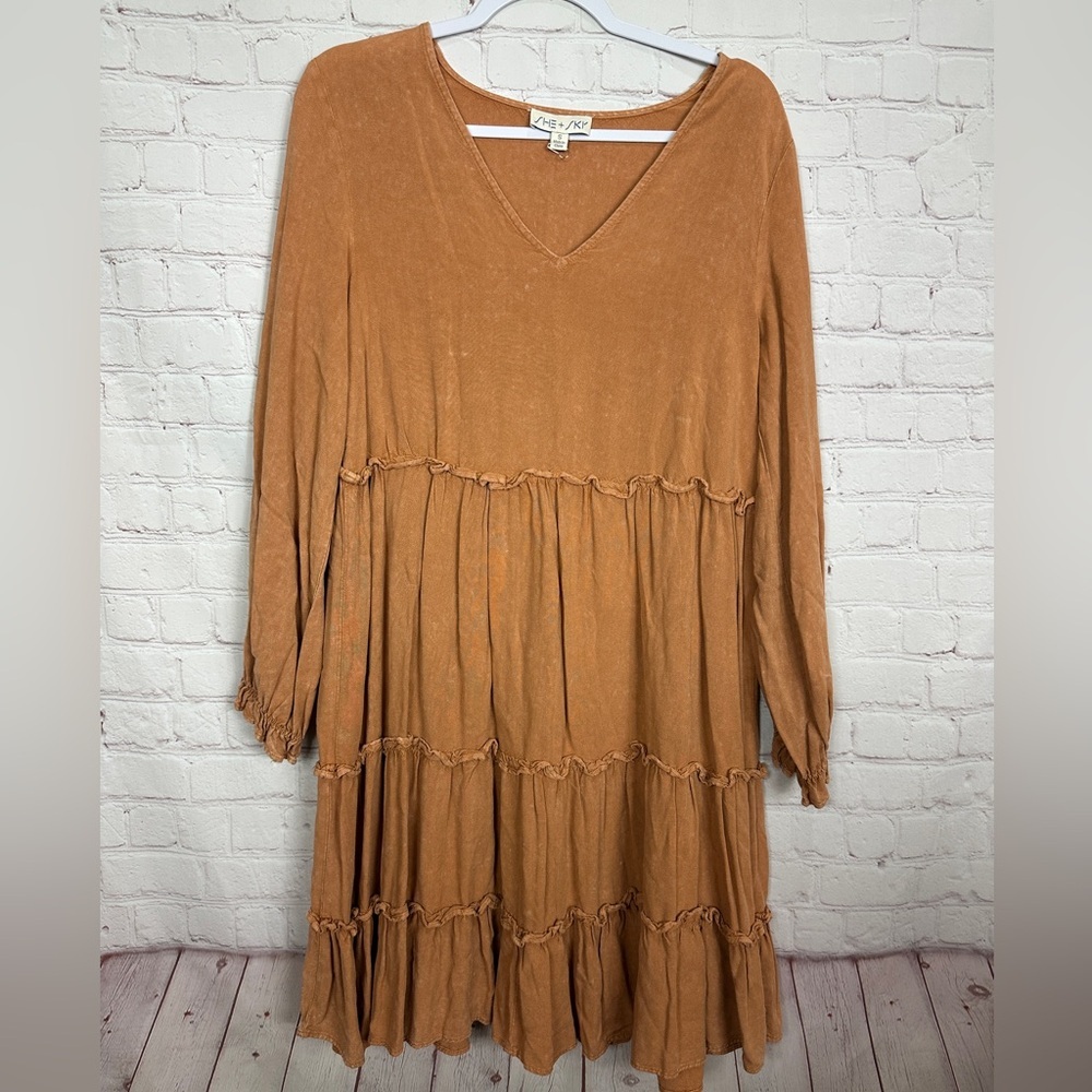 She + Sky long sleeve Tiered Rayon midi length dress sz S GUC boho prairie
